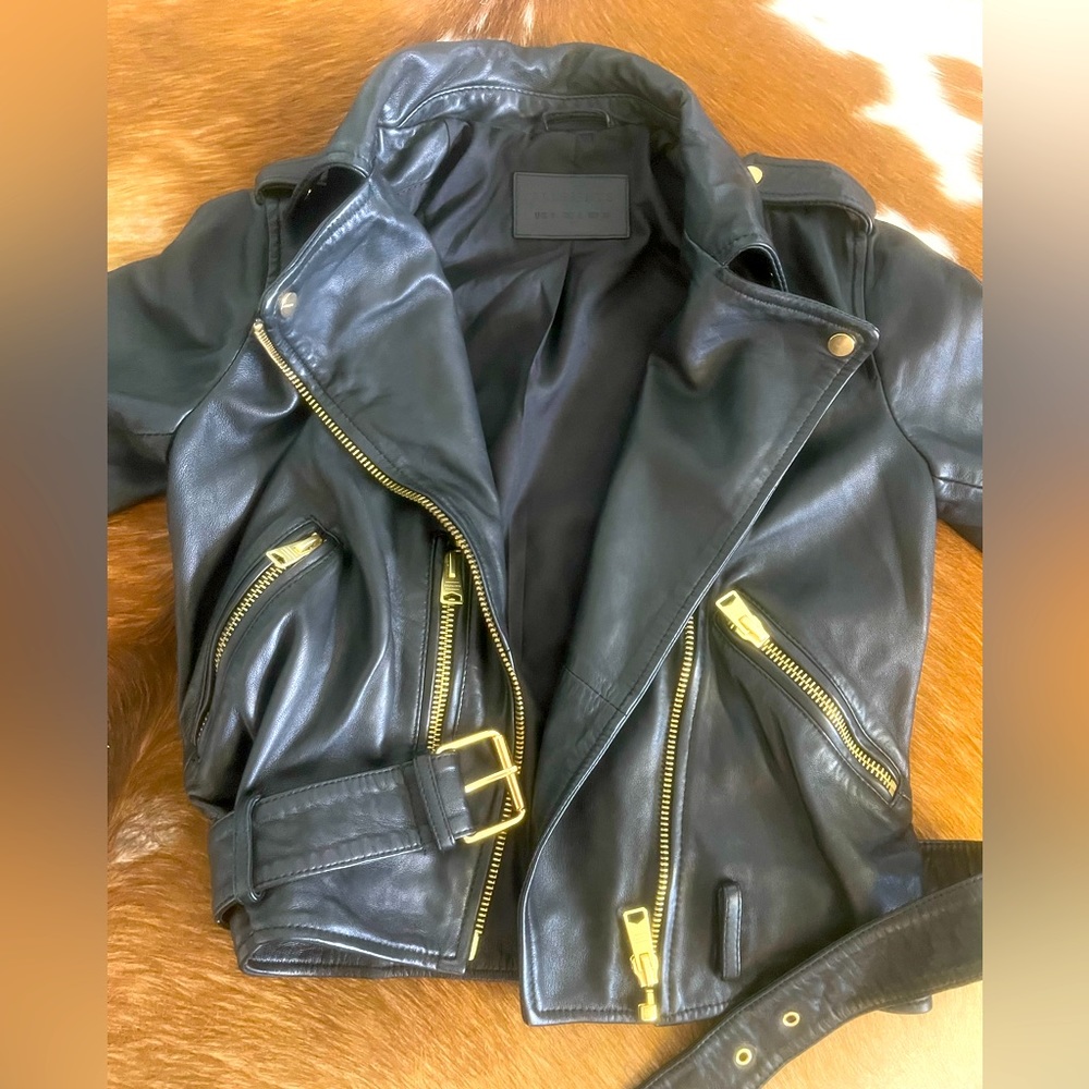Allsaints balfern gold biker moto jacket black leather size 4